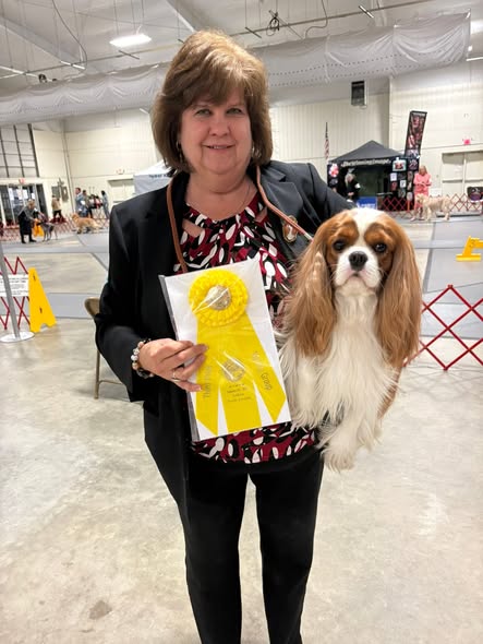 Paula Ayers with a Brookhaven Cavalier and an award ribbon